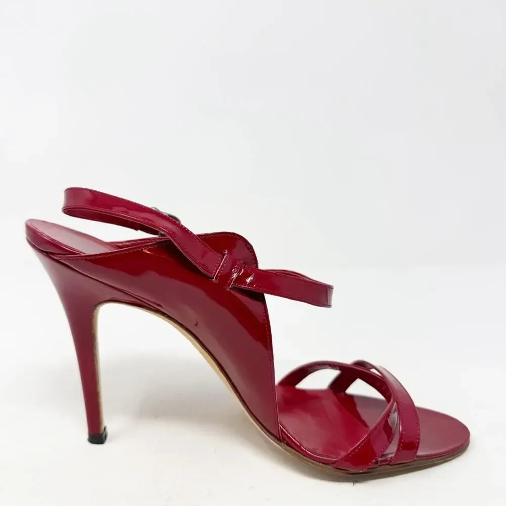 Manolo Blahnik Dodo Red Patent Leather Strappy Sandal Heels Womens Size EU 38.5